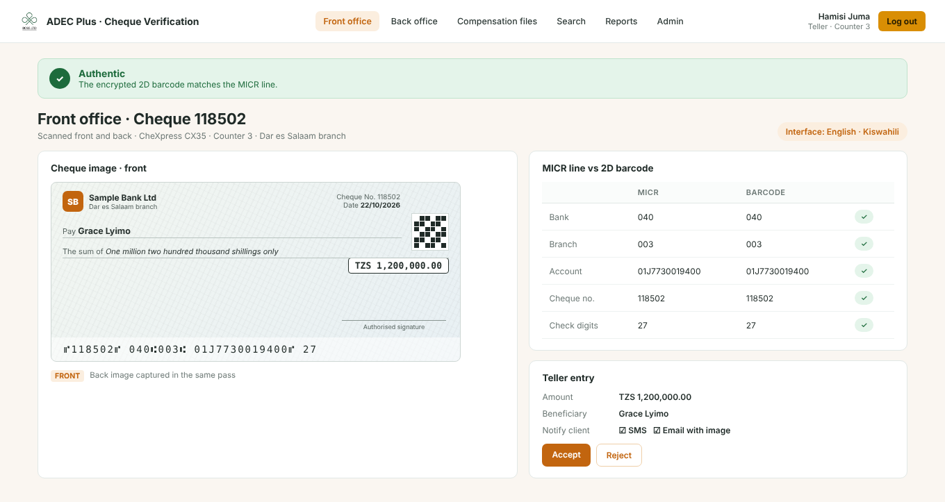 Front office verification in ADEC Plus: cheque image with 2D barcode, MICR line compared with the barcode, and the teller entry
