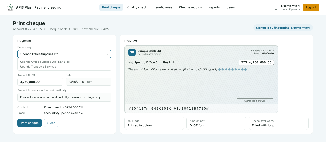 Printing a cheque in APIS Plus: beneficiary chosen from a list, amount, date and amount in words, with a preview of the cheque