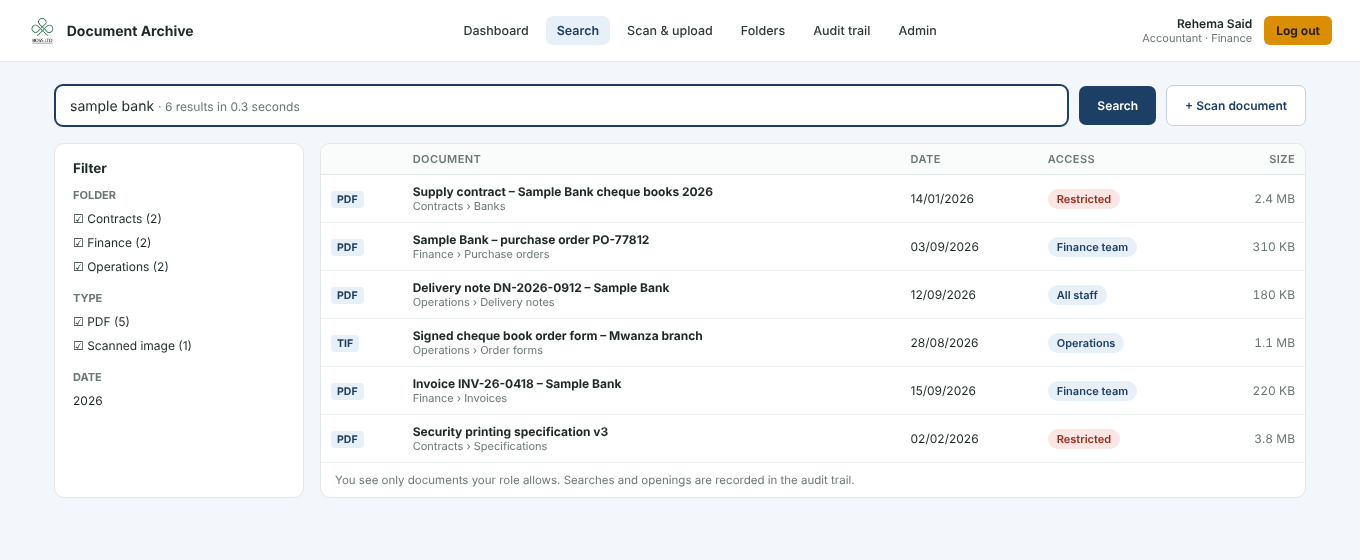 Search results in the document archive, with folders, dates and access level for each document