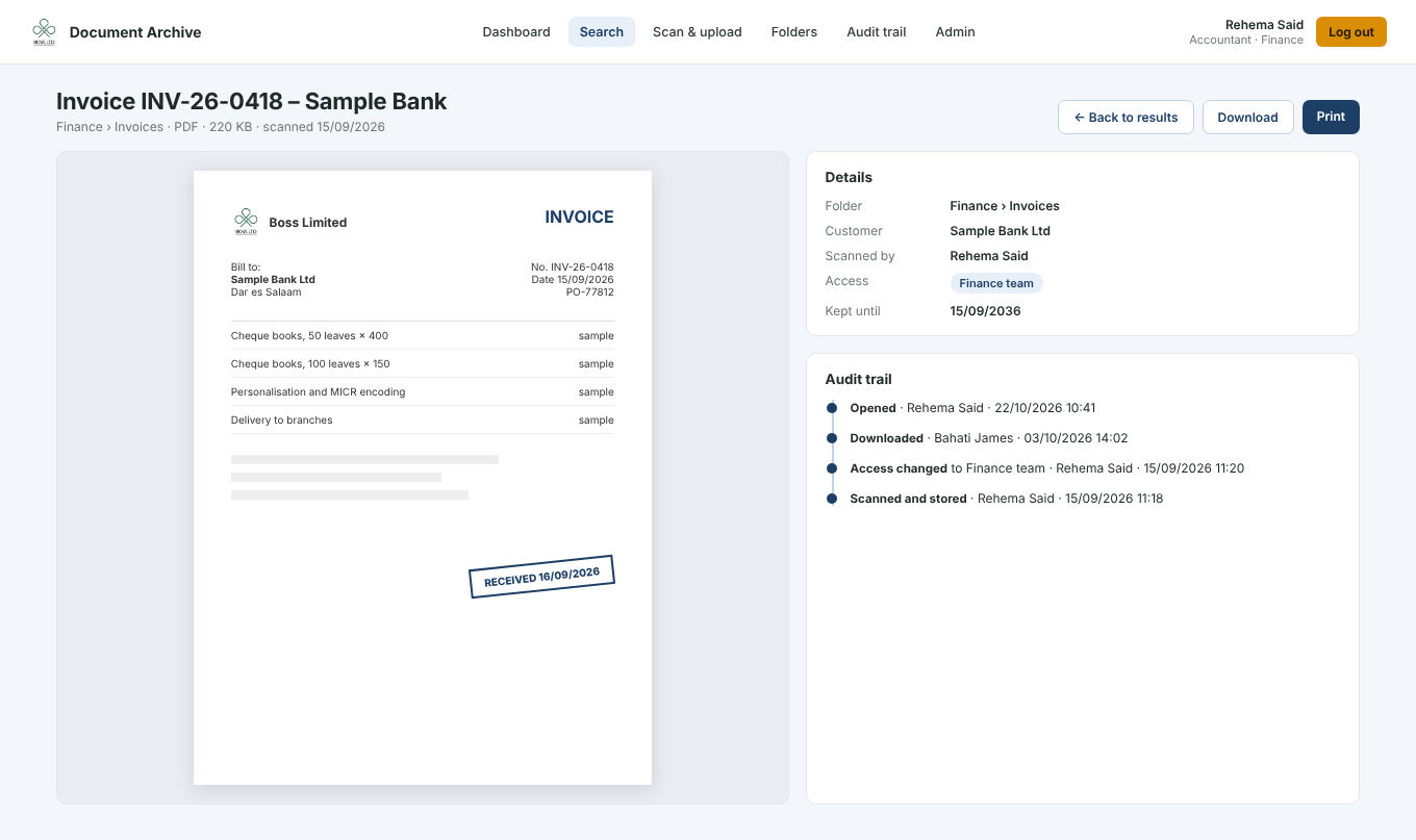 A scanned invoice open in the archive, with its details and audit trail