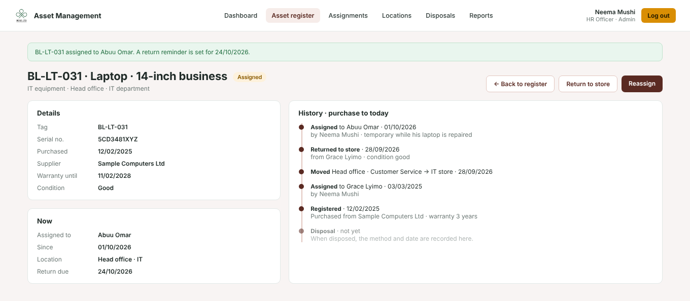 One asset's page: purchase details, current assignment and its history from purchase onwards