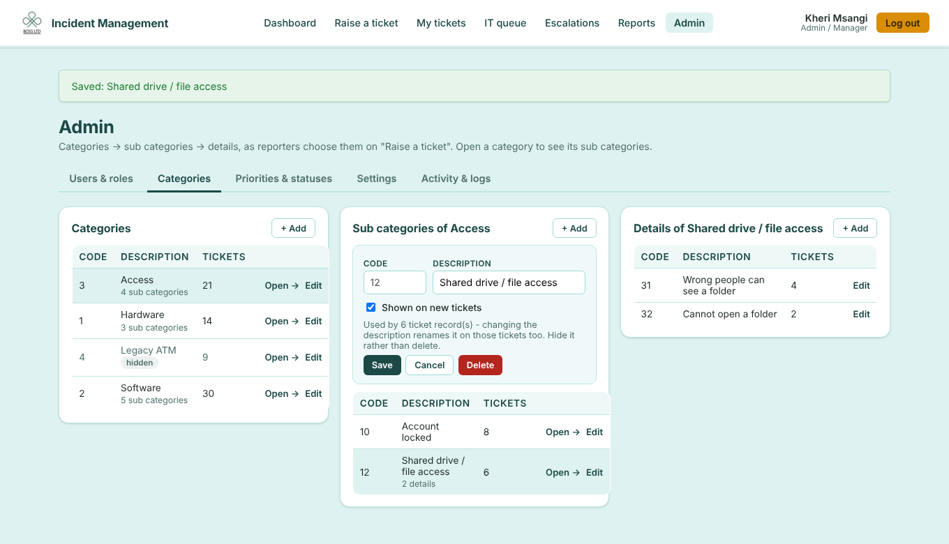 The Admin Categories page: categories, sub categories and details side by side, with add, edit and hide