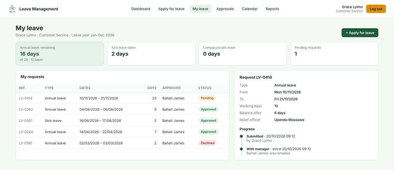 An employee's leave page: remaining balances, past requests and the progress of a pending request