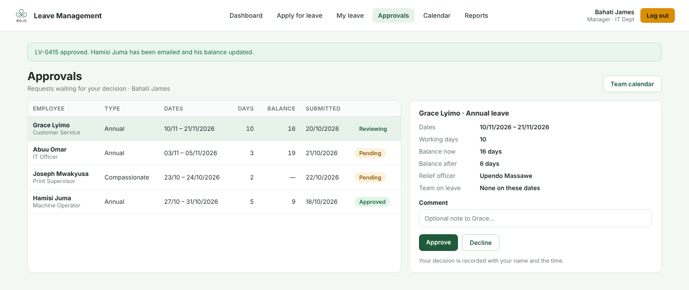 The manager's approvals list with a request open: dates, balance before and after, approve or decline