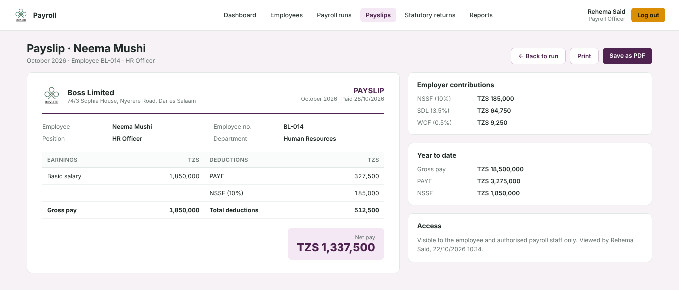 A payslip showing earnings, PAYE and NSSF deductions, net pay and employer contributions