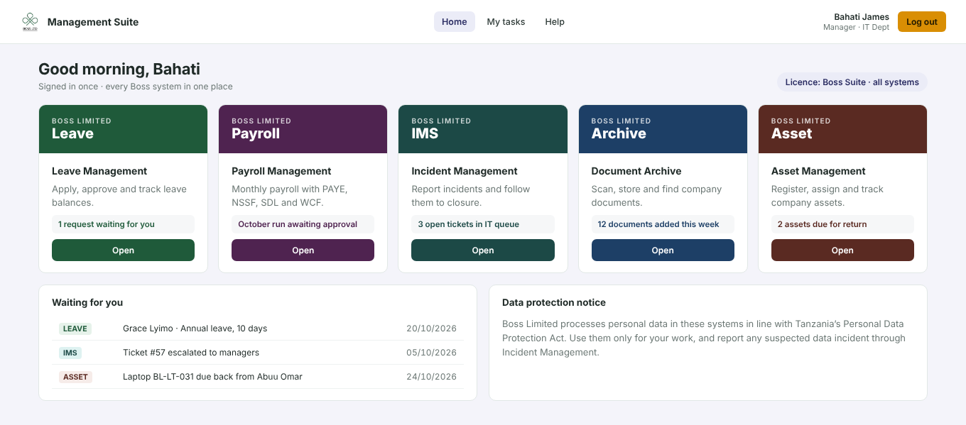 The suite home page: Leave, Payroll, Incident Management, Archive and Asset side by side, with items waiting for the user